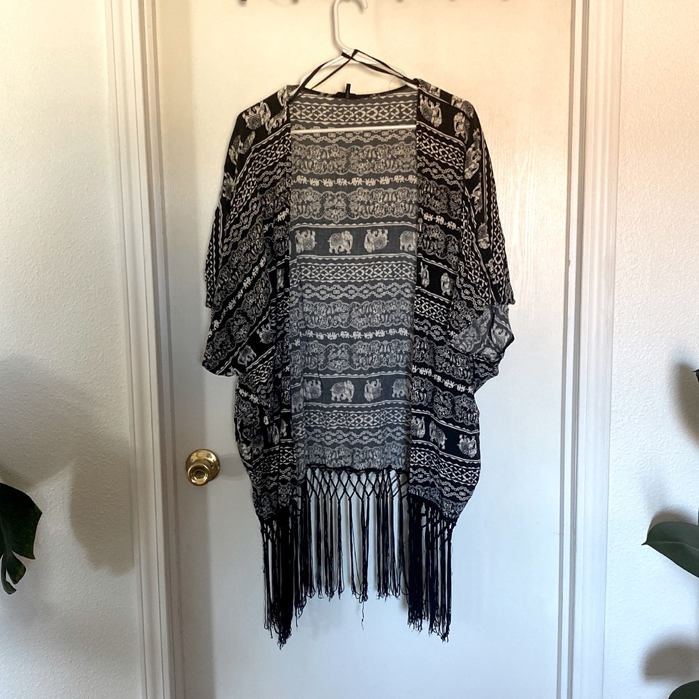 Womens elephant black cardigan with fringe bottom